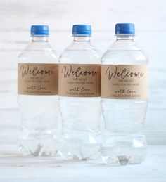 three bottled water bottles with labels on them