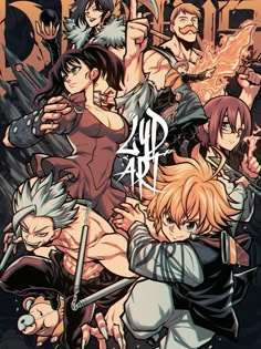 an anime poster with many characters and their names on the front, including two men holding swords