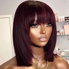 Wig With Fringe, Short Bobs With Bangs, Hair Color Burgundy, Fringe Bangs, Wig Styling, Lace Hair, Human Hair Lace Wigs, Hair Straight