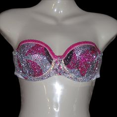 Welcome, Gorgeous Sparkly Crystal Rhinestone Bra! Made To Last Permanent Design Can Be Worn Many Times With All Different Outfits For Dancers Or Costumes! Looks Fab Underneath A Sheer Top Or Dress! Colours;Light Rose Pink Pearls Amethyst Pure Crystal Ab Iridescent Design:Mermaid Swirls To Make Colour Changes;Add To Bundle Comment Or Send A Message, Style; Standard Padded Cups If You Would Like Extra Padding Or Natural Boost (No Padding) Or Don’t See Your Size Available Please Add To Bundle To Di Bimbocore Outfits 2000, Rhinestone Bra Diy, Bling Outfits, Burlesque Bra, Iridescent Design, Crystal Mermaid, Crystal Bra, Mermaid Bra, Mermaid Top