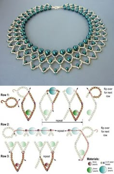 the instructions for beaded necklaces are shown in two different colors and sizes, including green