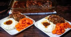 two plates with meat, mashed potatoes and carrots on them next to a casserole dish