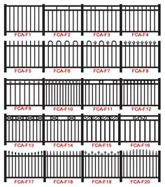 different types of fences with names and numbers on them, all labeled in the same font