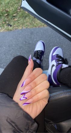 Acrylic Nail Designs Almond Summer, Contemporary Nail Designs, Purple Nails Inspo Almond, Different French Tip Nails Color Combos, Cute Girly Acrylic Nails, Fun Birthday Nails Acrylic, Purple Rave Nails, Coffin Nail Ideas Purple, Purple Aesthetic Nails Acrylic