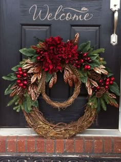 a wreath is hanging on the front door