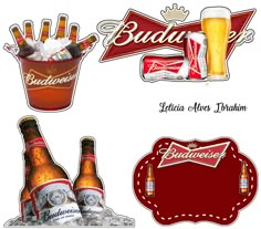 three beer bottles and two beers in buckets with the word budu on them