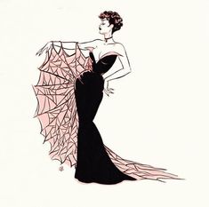 a drawing of a woman in a black dress with a spider web on it's back