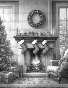 a black and white drawing of a living room with christmas stockings on the fireplace, presents and a wreath