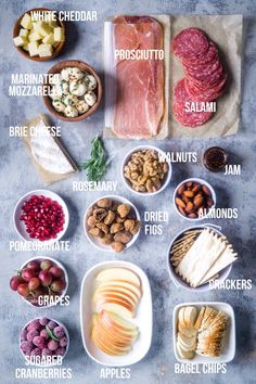 an assortment of meats and cheeses in bowls on a table with text overlay