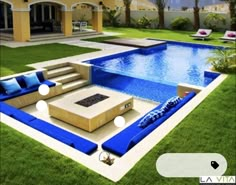 an outdoor living area with a pool and lounge chairs in the grass next to it