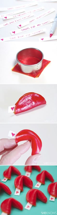 the process for making red lips is shown in three different stages, including using glue and paper