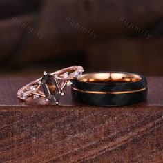 Here we have a Vintage Smoky Quartz Couples Ring Rose Gold Matching Ring Set His and Hers Wedding Band Promise Ring For Men For Women Brown Gemstone Ring Black Onyx Ring Set: https://www.etsy.com/listing/1713100318/vintage-black-onyx-couples-ring-rose?click_key=b957490ec9b885cfc6b50517dee694e977da4132%3A1713100318&click_sum=5eb1c947&ref=shop_home_feat_3&pro=1&frs=1&sts=1 ITEM DESCRIPTION ✦ Handmade, high-quality item! ✦ Material: Sterling Silver/Tungsten ►Sold as a two-piece set ►His ring is Rose Gold and Black Tungsten Carbide. ►His band width: 6mm ►His tungsten ring will not turn green itself and will not cause your skin to turn green.  ✦ Durable - Incredibly Scratch-Resistant to always look great. ✦ Comfort-fit & Weighty - Designed to fit well and feel good in your hand. ►Her ring is Ro Black Green And Gold Wedding, Promise Ring For Men, Green And Gold Wedding, Matching Ring Set, His Ring, Couples Ring, Brown Gemstone, Her Ring, Black Tungsten