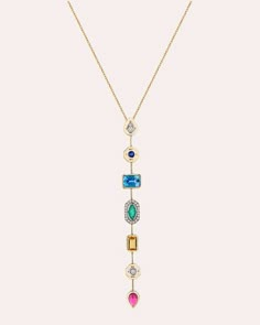 Melis Goral Chakra Lariat Necklace | OLIVELA Luxury Multicolor Lariat Jewelry, Necklace Displays, Chakra Necklace, Stacked Jewelry, Lariat Necklace, Round Cut Diamond, Pink Tourmaline, Luxury Jewelry, Statement Jewelry