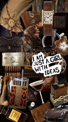 a collage of different items including a purse, watch and other things that are on display