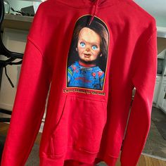 Women’s Chucky Halloween Sweatshirt Nwt Size S Red Long Sleeve Top For Halloween, Red Long Sleeve Tops For Halloween, Red Letter Print Hoodie Top, Red Letter Print Hoodie For Fan Merchandise, Red Letter Print Hoodie For Fans, Red Hoodie With Letter Print For Fans, Red Cotton Hoodie For Fan Merchandise, Red Hoodie With Letter Print For Fan Gear, Red Halloween Sweatshirt For Streetwear