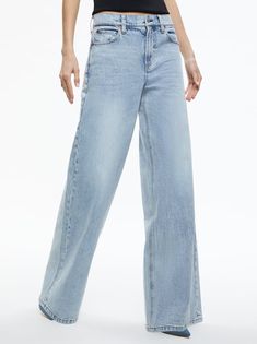 Trish Mid Rise Baggy Jean In Rockstar Blue | Alice And Olivia Baggy Jean, Boyfriend Blazer, Alice And Olivia, Denim Mini Dress, Bell Bottom, Dream Clothes, Baggy Jeans, Alice Olivia, Bra Tops