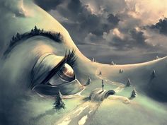 an artistic painting of a woman's eye in the middle of a snowy landscape