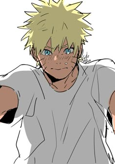 an anime character with blonde hair and blue eyes, wearing a gray t - shirt