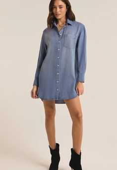 Meet the most comfortable mini you've ever worn! We love the chambray tencel fabric plus the collared, button front design and flattering curved hem for a casual, everyday look. Relaxed fit Chambray Tencel: 100% Tencel Collared Long sleeve Mini length Curved hemline Button front Chest pocket Midweight Heavy soft wash Machine Wash Cold, Gentle Cycle, Hang to Dry Indigo Dress, Magnolia Dress, Tencel Fabric, Grey Maxi Dress, Black Strapless Dress, Chambray Dress, Short Pajama Set, Long Sleeve Mini, Casual Everyday