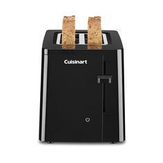 two pieces of toast sitting on top of a black toaster with the word cuisinart written on it