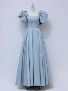 Satin Dress Puff Sleeves, Light Blue Floor Length Dress, Puff Prom Dress, Conservative Prom Dresses, Prom Dress Puffy Sleeves, Long Blue Prom Dress, Light Blue Ball Gown, Light Blue Dress Formal, Blue Long Formal Dress