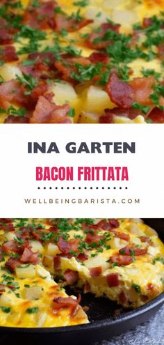 bacon frittata in a cast iron skillet with text overlay that reads ina garten bacon frittata