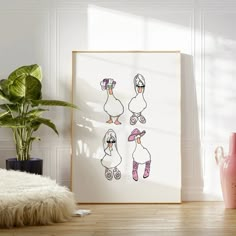 a white framed art print with three ducks in pink boots and one duck wearing a hat