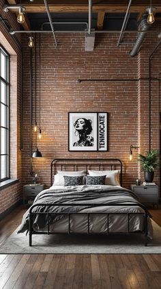 Bedroom Ideas For Adults Brick Loft Bedroom, Urban Rustic Bedroom, Mid Century Industrial Bedroom, Industrial Room Decor, Industrial Apartment Bedroom, Industrial Bedroom Design Small Spaces, Cozy Industrial Bedroom, Cozy Industrial Decor, Brick Wall Bedroom