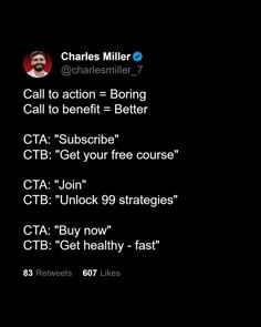 an image of a man on his cell phone with the text call to action = boring call to benefit = better ctta get your free course ctta join