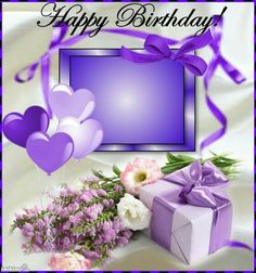 a purple birthday card with balloons, flowers and a gift box in front of it