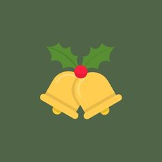 two christmas bells with holly leaves on top and one bell has a red berry on it