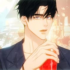 an anime character with black hair and blue eyes holding a red object in his hand