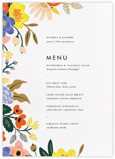 the floral menu card is shown with colorful flowers