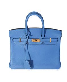 Pre-Owned Hermes - Birkin 25 Leather Handbag Blue Calf Leather Bag With Gold-tone Hardware, Blue Calf Leather Shoulder Bag With Detachable Strap, Chic Blue Calf Leather Bag, Luxury Blue Calf Leather Bag, Blue Calf Leather Bag With Detachable Strap, Calf Leather Bag With Branded Hardware For Daily Use, Blue Epsom Leather Bag With Gold-tone Hardware, Luxury Blue Epsom Leather Bag, Blue Epsom Leather Top Handle Bag