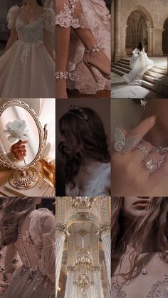 a collage of images showing different types of wedding gowns and accessories in various colors