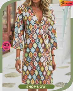 Casual Boho Geometric Printed Dress Casual A-line Dress With Abstract Print, Casual Abstract Print Fall Dress, Casual Abstract Print Dress For Fall, Casual Mini Dress With Abstract Print For Vacation, Multicolor A-line Shift Midi Dress, Multicolor Shift Dress For Fall, Multicolor Shift Dress Midi Length, Multicolor Shift Dress, Midi Length, Patterned Dress With Abstract Print For Day Out