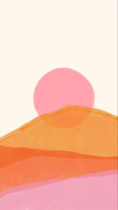 an abstract painting with pink, orange and yellow colors on the top of a hill