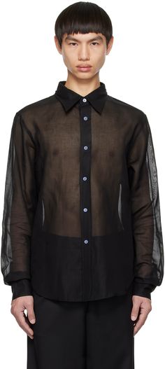 Semi-sheer cotton organza shirt. · Spread collar · Button closure · Shirttail hem · Single-button barrel cuffs Supplier color: Black Unbuttoned Shirt Men, Goth Boy Aesthetic, Gothic Dinner Party, Gothic Dinner, Black Themed Wedding, Goth Birthday, Black Acne, Black Shirt Outfits, Sheer Black Shirt