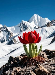 a red flower sitting on top of a pile of rocks next to snow covered mountains