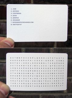 two white business cards with black and white typewriters in the middle one has a word search on it