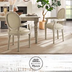 a dining room table with chairs and a potted plant