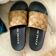 Brand New, Never Worn Coach Slides. Size 7. Coach Sienna Slide, Coach Black Sandals With Cushioned Footbed, Quince Gift Ideas, Coach Slides, Coach Shoes Women, Coach Sandals, Cute Slides, Pretty Sneakers, Soft Sandals