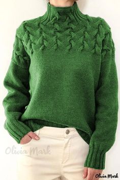 OliviaMark - Premium-Rollkragenpullover im Verde-Stil in fester Webart Solid Color Sweater, Winter Pullover, Estilo Chic, Loose Outfit, Turtle Neck Top, Green Sweater, Look Chic, High Collar, Devon