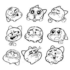 cartoon faces drawn in black and white with different expressions, including the cat's head