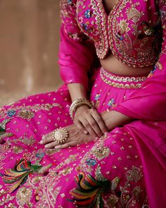 Aman Takyar | Hot Pink Floral Embroidery Lehenga Set | INDIASPOPUP.COM Floral Embroidery Lehenga, Pink Indian Wedding, Pink Lengha, Floral Thread Embroidery, Lucknowi Kurti, Pink Blouse Designs, Motifs Embroidery, Embroidery Lehenga, Kurti Cotton