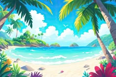 an image of a tropical beach scene with palm trees and flowers in the foreground