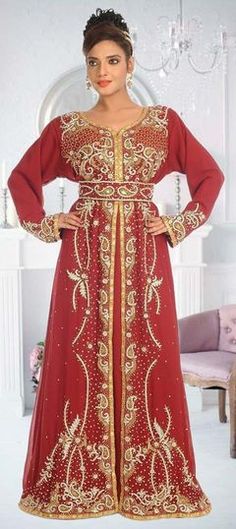 Red and Maroon color Kaftan in Georgette fabric with Embroidered, Thread work Elegant Red Kaftan With Zari Work, Red Floor-length Kaftan With Zari Work, Red Zari Work Kaftan For Eid, Red Kaftan With Zari Work For Wedding, Festive Red Kaftan With Dabka Work, Red Dabka Work Kaftan For Eid, Traditional Red Kaftan For Festive Occasions, Elegant Red Kaftan With Traditional Drape, Traditional Red Festive Kaftan