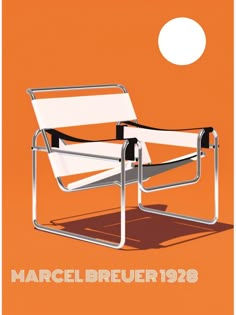 an orange poster with a white chair and the sun in the background, which reads marcel breuer 1932