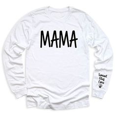 👩💖 Keep your loved ones close with our Mama Shirt personalized with your kid's name! 🌟 Perfect for showing off your mom pride in a stylish way! 😍 Soft Style Solid color: 100% Airlume combed and ring-spun cotton Heather Colors: 52% Airlume Combed and ring-spun cotton, 48% polyester Heather Sport colors: 60/40 polyester/cotton 100% No Sweatshops & Eco-Friendly Production For different Mother's Day t-shirt designs, please take a look at our Mother's Day collection. https://www.greatwoodboutique.com/collections/mothers-day-tee-shirts Long Sleeve T-shirt For Mother's Day, White Long Sleeve T-shirt For Father's Day, Long Sleeve T-shirt With White Letter Print, White Long Sleeve Letter Print T-shirt, White Long Sleeve T-shirt With Letter Print, Father's Day White Graphic Print Sweatshirt, Unisex Long Sleeve T-shirt With Letter Print, White Graphic Print Sweatshirt For Father's Day, Mother's Day Long Sleeve Custom Print T-shirt