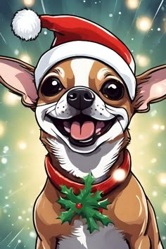 a dog wearing a santa claus hat and holding a holly berry